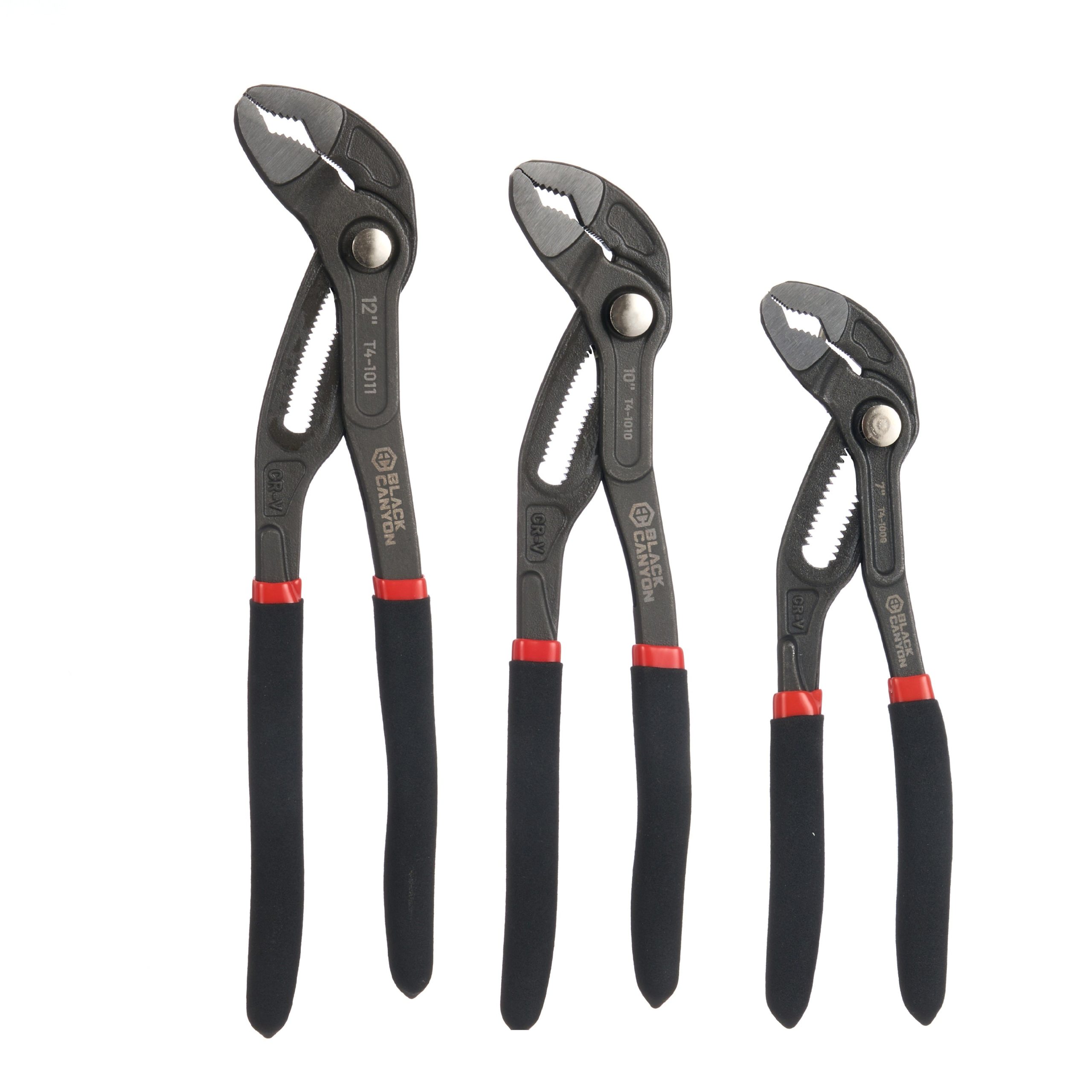 7″, 10″ and 12″ Tongue & Groove Pliers Set, V-Jaw, Push-Button Adjustment