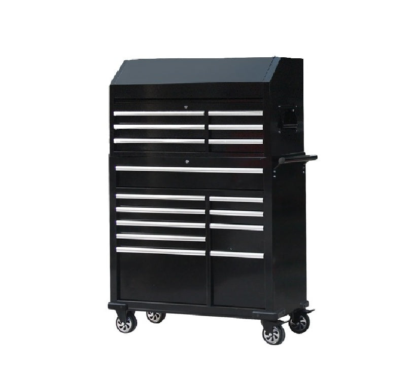 Rolling Tool Cabinet and Flip-Top Chest, 16 Drawers, 42″ x 18″, Black